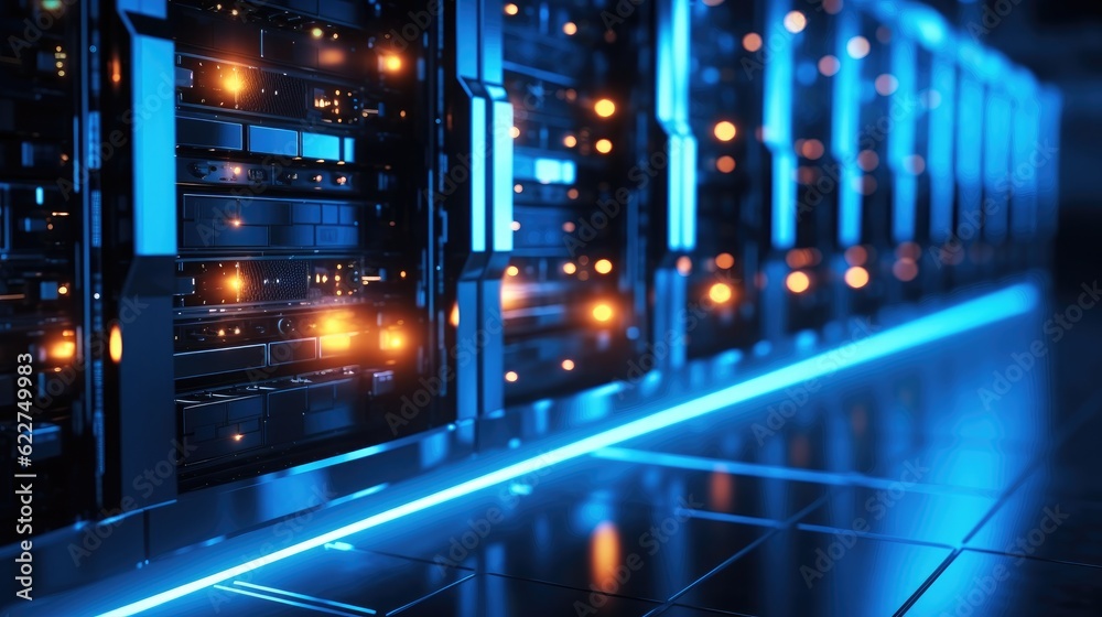 Fototapete row of network servers with glowing led lights, a scene of a data center or server room.