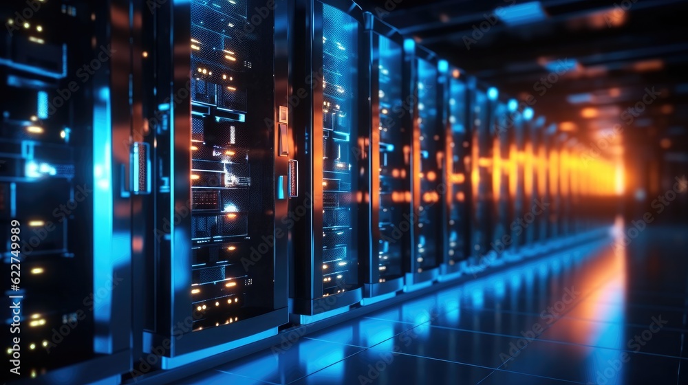 Fototapete row of network servers with glowing led lights, a scene of a data center or server room.
