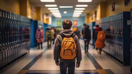 Schoolboy walking in school corridor, Rear view.