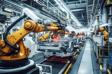 Robotic arms in a car plant, Car production line.