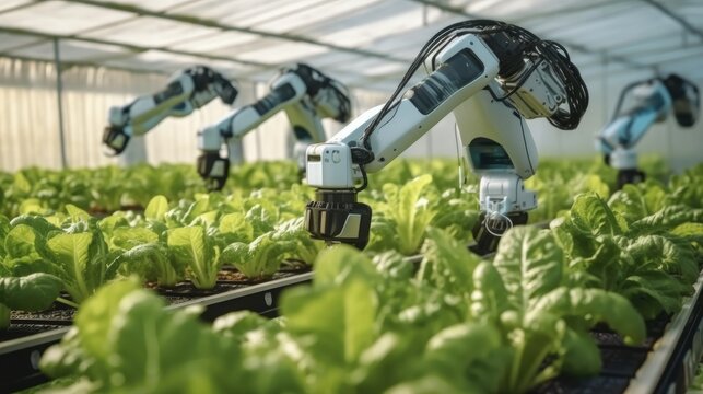 Smart farming agriculture technology robotic arm, Robot farming harvesting agricultural products in greenhouse, Innovative futuristic technology