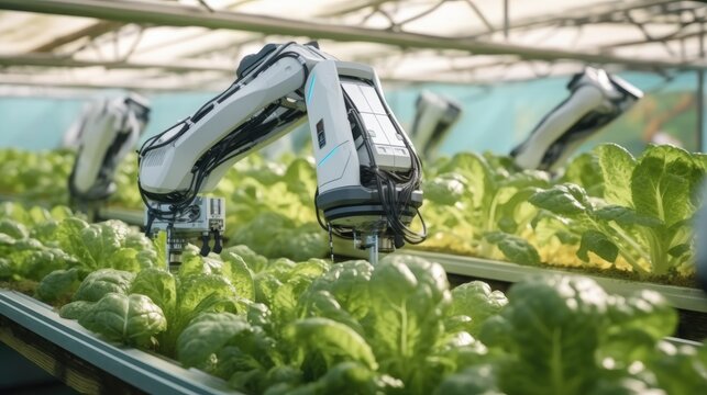 Smart farming agriculture technology robotic arm, Robot farming harvesting agricultural products in greenhouse, Innovative futuristic technology