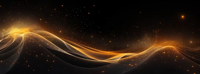 Foto op Plexiglas Fractale golven Luxury golden wave of lights and sparkle, elegant fluid data transfer technology, bokeh gold swirl on black background. Card for luxury greetings, business, technology. Generative Ai.
