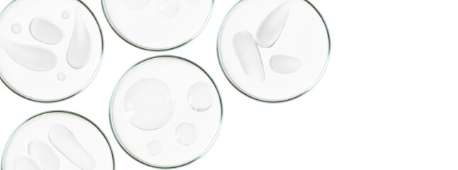 Rectangular banner with Petri dishes isolated. Smears of cream and gel. Can be pasted on your background