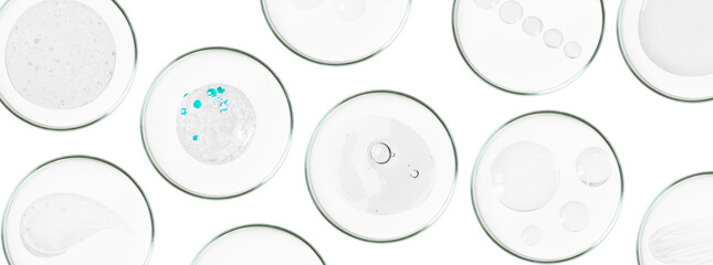Rectangular banner with Petri dishes isolated. Smears of transparent gel, serum. Can be pasted on...