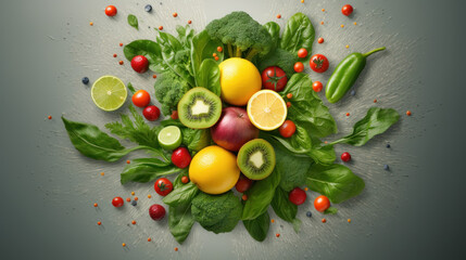 Obraz na płótnie Canvas Nourishing Organic Food Explosion: Promoting Healthy Eating with Fruits and Vegetables. Top View, High-Resolution, Product Lighting