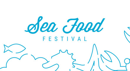 Naklejka na ściany i meble Sea food festival pattern, signboard. Line art pattern with marine life. Flat vector illustration isolated on white background.