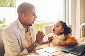 Father, teaching and girl to read for homework in home with laptop for language or knowledge. Kid,...