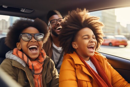 Happy African American Family Of Father And Children Enjoying Road Trip Together, AI Generative