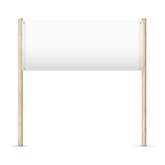 Blank advertising vinyl banner on wooden posts. 3D realistic vector illustration isolated on white.