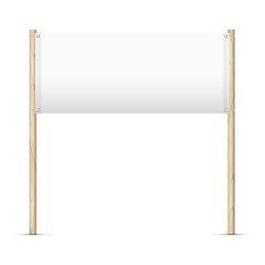Obraz premium Blank advertising vinyl banner on wooden posts. 3D realistic vector illustration isolated on white.
