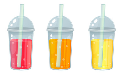 Fruit juice in a plastic cup with a straw. Lemonade, orange, strawberry, summer drinks. Juice to go with fresh fruits.Summer background for banner,poster.