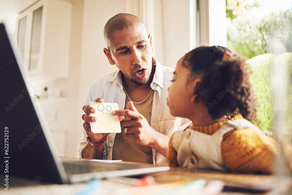 Poster parent, teaching and girl for education in home with laptop and homework for growth. father, kid and