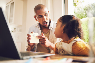 Parent, teaching and girl for education in home with laptop and homework for growth. Father, kid and learning for knowledge with reading assignment or support for childhood development with help.