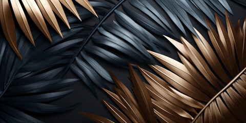 bronze palm leaves on dark gray background with copy space for text created with AI 