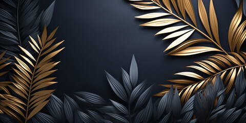 Fototapeta na wymiar Tropical palm leaves gold on dark background created with AI 