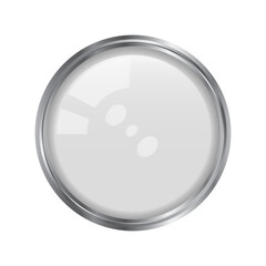 White metal glossy pin button. Glare glass lens. 3D realistic vector illustration isolated on white.