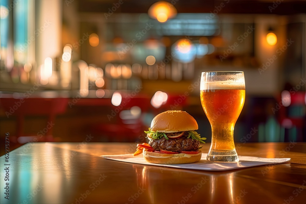 Wall mural ai generated illustration of a hamburger and a glass of beer on the countertop at a bar