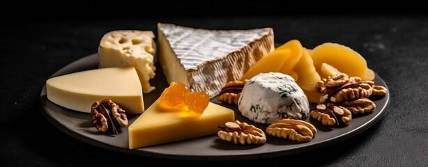 AI generated illustration of various types of cheese and nuts on a wooden board