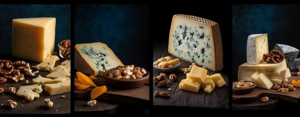 AI generated illustration of an assortment of cheese, nuts and blue cheese arranged on a table