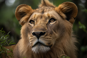 photo of a lions face against a green forest background