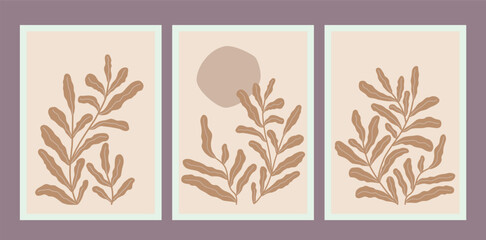 Vector abstract botanical art Matisse style. Set of natural hand drawn contemporary design with leaves. 