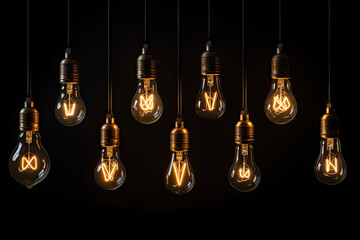 different types of hanging light bulbs on black background