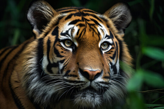 photo of a tigers face against a green forest background