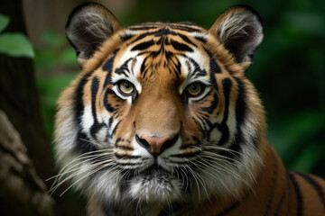 photo of a tigers face against a green forest background