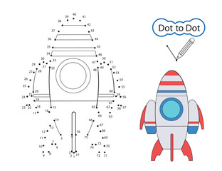 Kids game dot to dot draw of rocket. Activity education worksheet. Kids art game. Finish drawing image of cartoon spaceship. Children art riddle by numbers. Vector illustration.