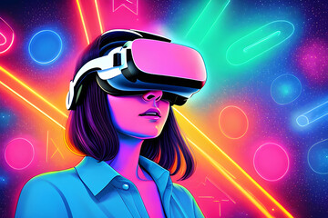 Woman in VR glasses in neon space, digital art illustration. Generative AI
