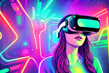 Woman in VR glasses in neon space, digital art illustration. Generative AI