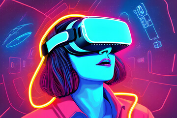 Woman in VR glasses in neon space, digital art illustration. Generative AI