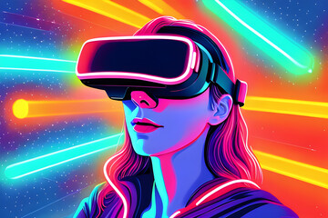 Woman in VR glasses in neon space, digital art illustration. Generative AI