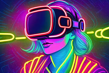 Woman in VR glasses in neon space, digital art illustration. Generative AI