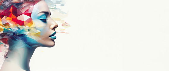 Abstract modern art collage. Young beautiful woman portrait with colorful geometric shapes and color flows. Beauty, makeup, fashion, emotions, creative concept
