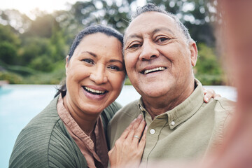 Face, selfie and funny elderly couple outdoor taking photo for happy memory, social media or profile picture. Portrait, smile and senior man and woman in retirement, laughing and relax on holiday.