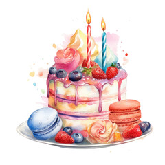 Happy Birthday Cake Celebration Young Candles Sweety Macaron Fruit Colorful Delight Festival Watercolor Sublimation Clipart