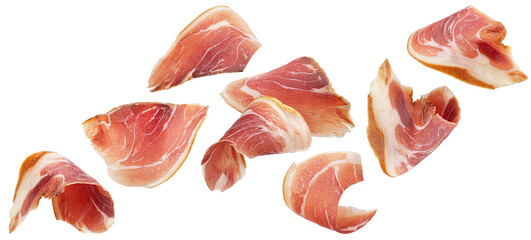 Falling bacon strips isolated on white background
