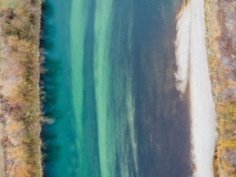 Aerial view of the Sava river in Samovar, Zagreb province, Croatia.