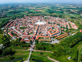 Aerial view of Palmanova, a small town with geometrical shape in Udine province, Italy.