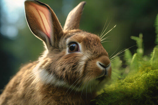 photo of Rabbits face on a green forest background