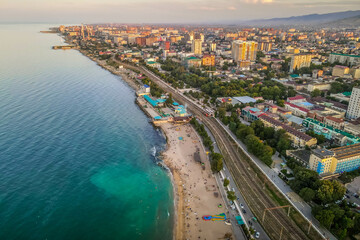 The aerial drone picture of Caspian sea beach in the city of Mahachkala, Dagestan, southern Russia...