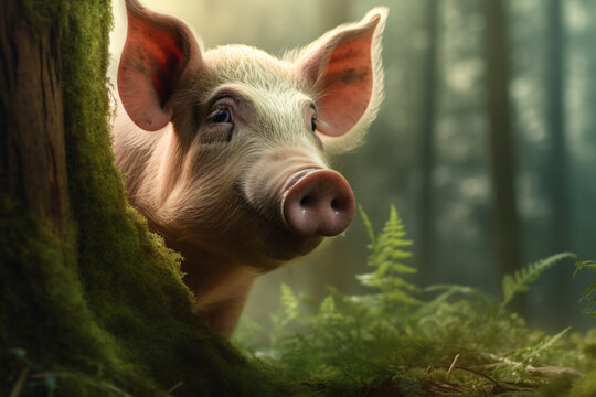 photo of Pigs face on a green forest background