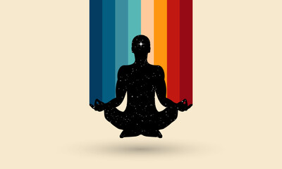 Meditation or mindfulness or dreaming concept with silhouette of a man sitting in lotus pose with crossed legs on retro vintage 70s style stripe and starry space inside. Self searching mental concept