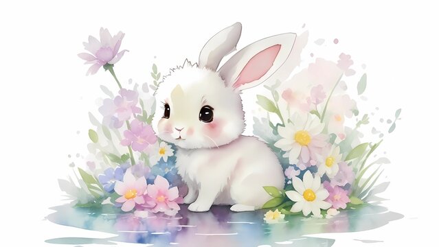 Bunny with flower image art illustration, generative Ai art