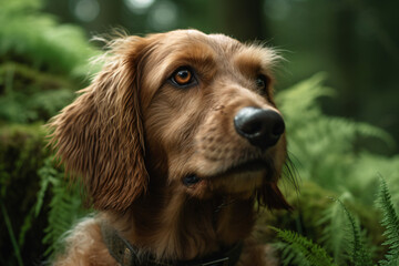 photo of Dogs face against a green forest backgroud