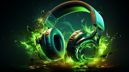 Sound Multimedia Headphones Music Sound Soundsystem Hifi Audio abstrakt gr&uuml;ner Style im Querformat. Generative Ai. 