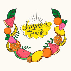Hand drawn summer fruits illustration collection watermelon pineapple banana strawberry and lemon