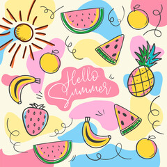 Summer background design with bright color and fruits watermelon pineapple banana strawberry